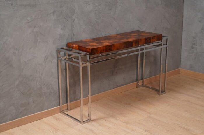 chrome and wood console table from aldo tura 1970s 3316