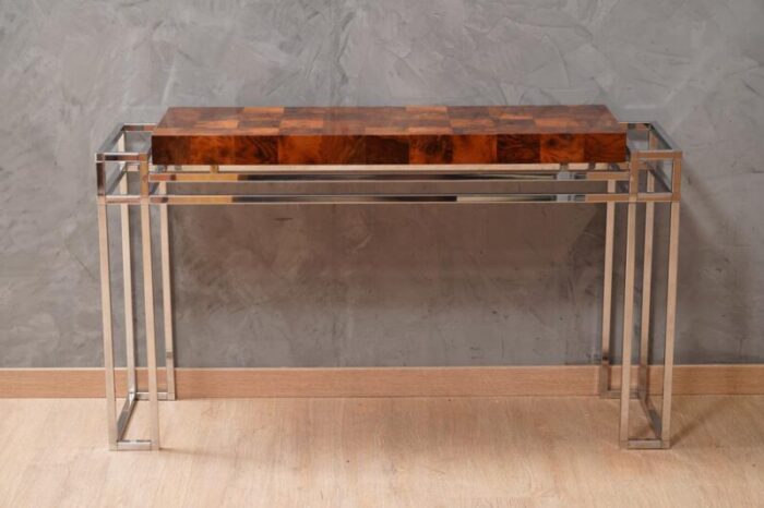 chrome and wood console table from aldo tura 1970s 4494