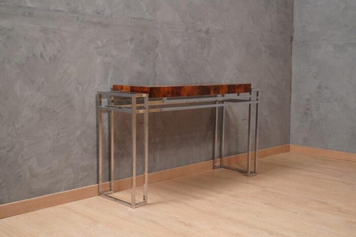 chrome and wood console table from aldo tura 1970s 4917