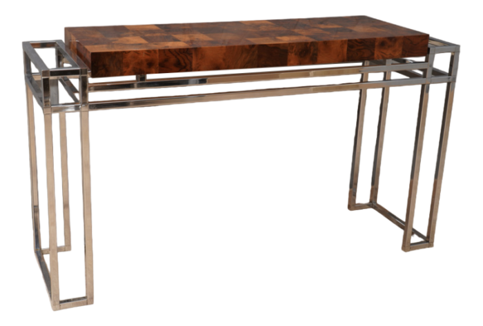 chrome and wood console table from aldo tura 1970s 5046