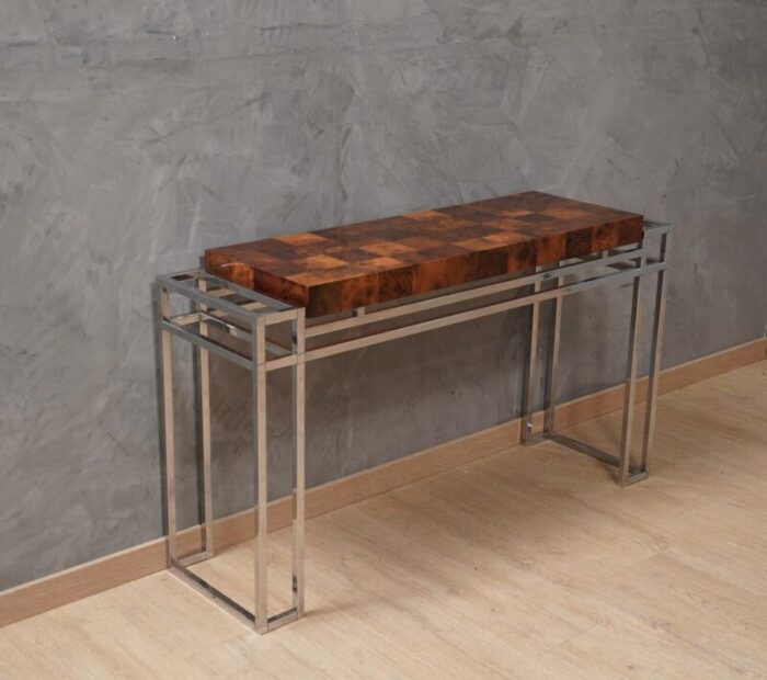 chrome and wood console table from aldo tura 1970s 5250