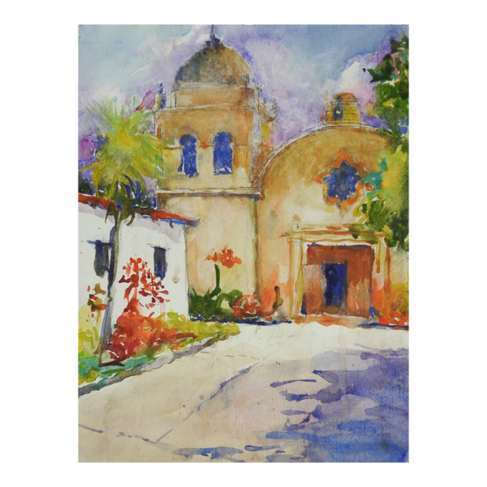 contemporary impressionist carmel mission watercolor painting 6074