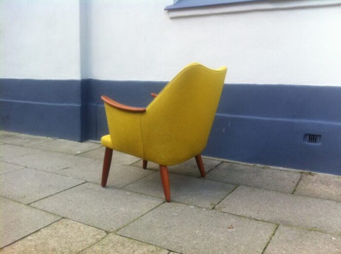 danish mid century modern easy chair in yellow wool with teak accents 1950s 3