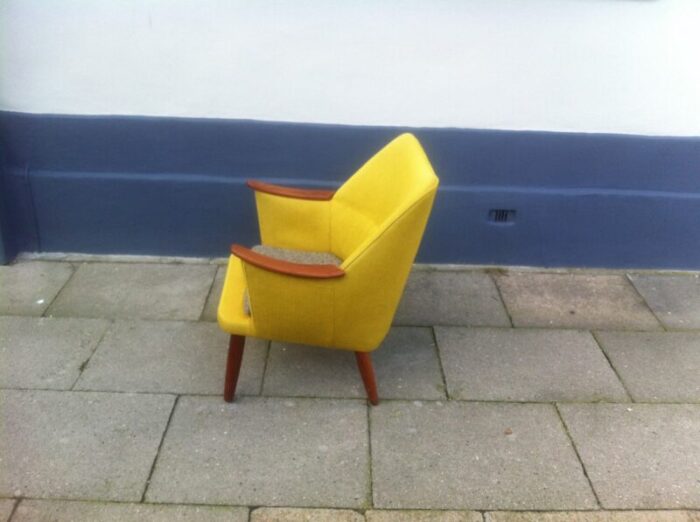 danish mid century modern easy chair in yellow wool with teak accents 1950s 6