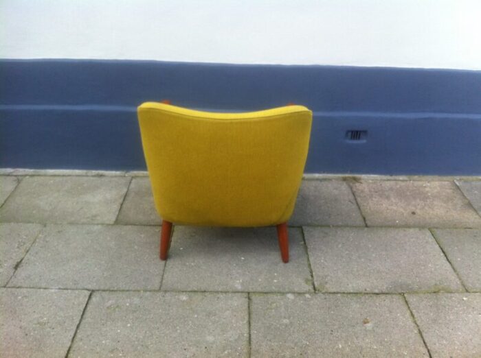 danish mid century modern easy chair in yellow wool with teak accents 1950s 7