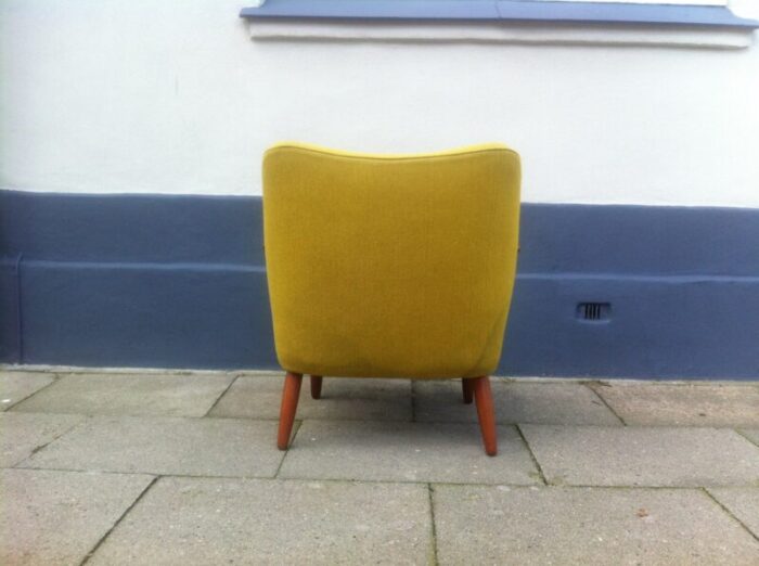 danish mid century modern easy chair in yellow wool with teak accents 1950s 8