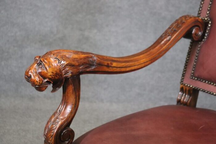 double nail head trimmed leather carved lion head throne arm chair 5196