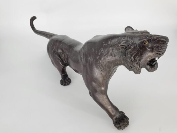 early 19th century signed bronze tiger japanese patinated large etched sculpture with glass eyes 0472