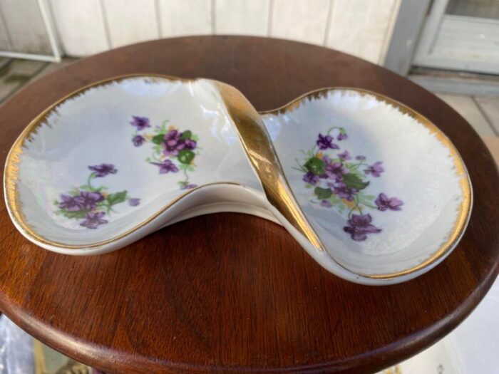 early 20th century gold rimmed ceramic 2 sided serving dish 3920