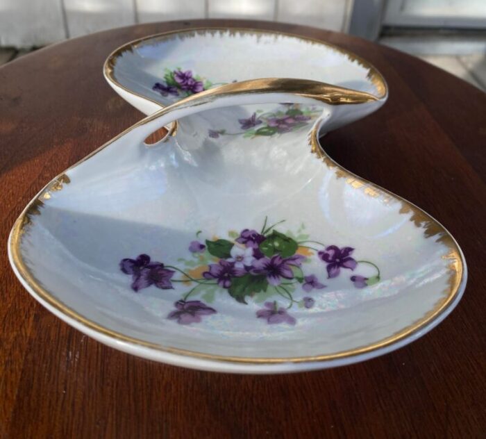 early 20th century gold rimmed ceramic 2 sided serving dish 6713