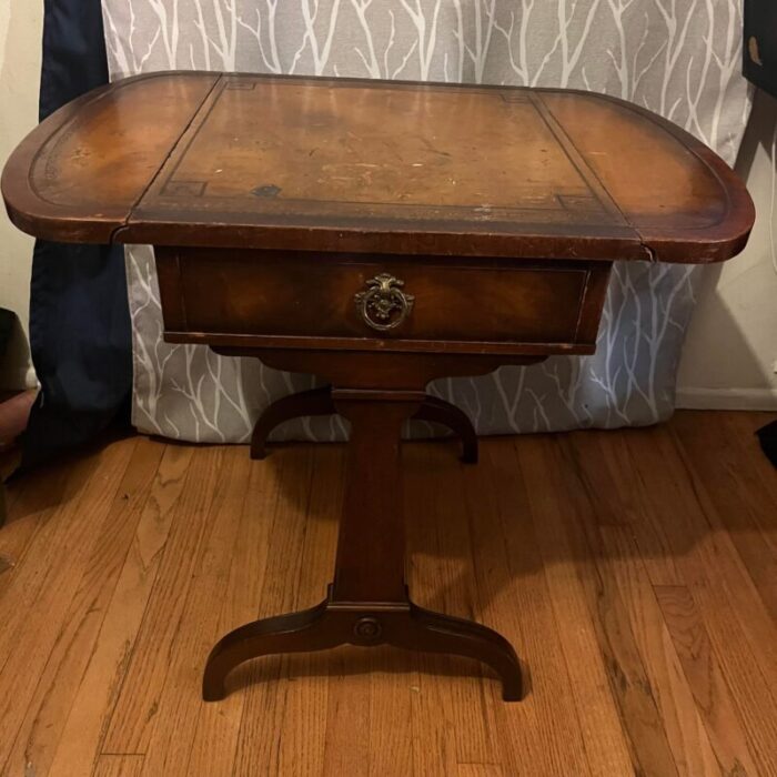 early 20th century neoclassical inlay drop leaf side table with drawer 3578