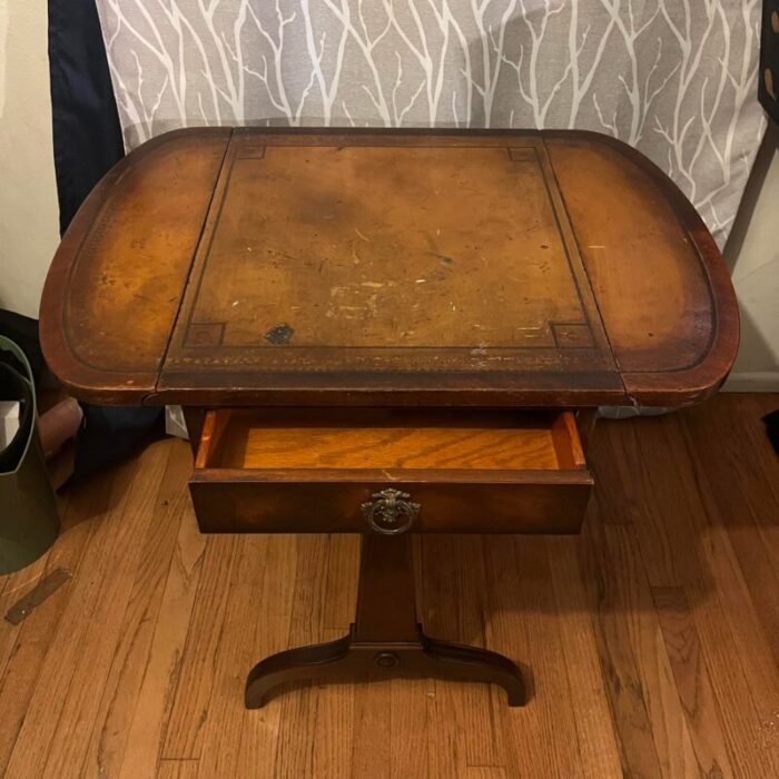 early 20th century neoclassical inlay drop leaf side table with drawer 7175