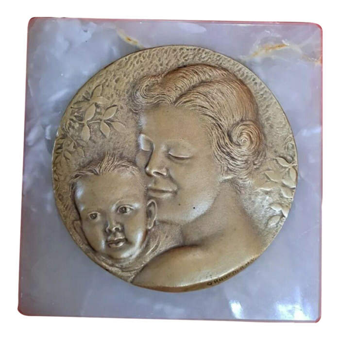 early 20th century original art by o ruotolo of ny bronze mother and child backed on alabaster 3775