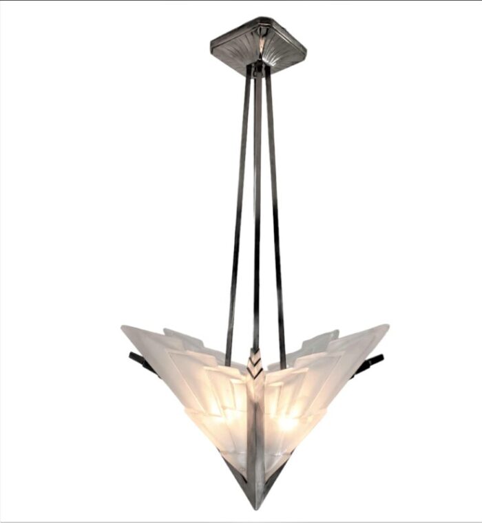 early 20th century original french art deco frosted art glass chandelier in nickel bronze by degue 2433