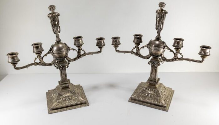 early 20th century pair of silvered white bronze neo classical candelabra candlesticks 2099