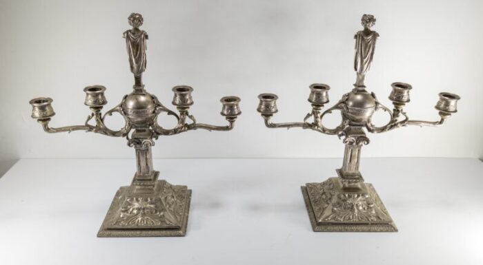 early 20th century pair of silvered white bronze neo classical candelabra candlesticks 8247