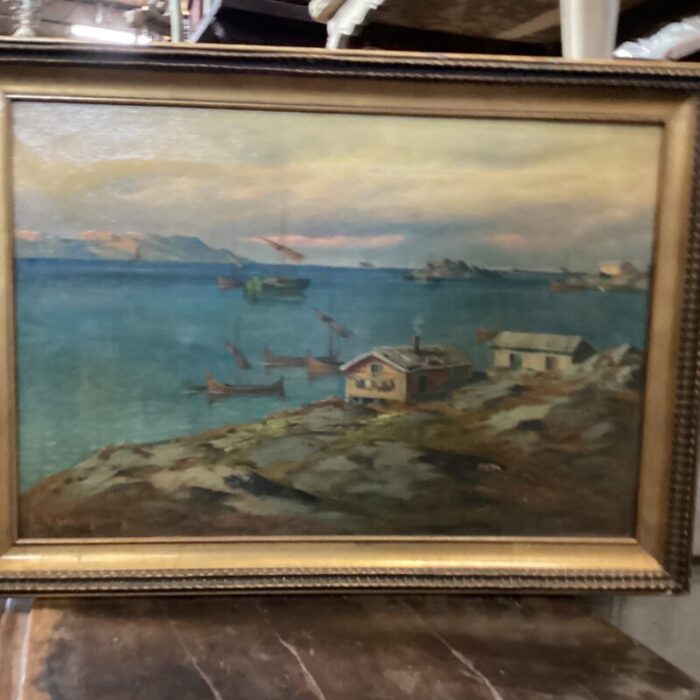 early 20th century swedish small harbor painting framed 1356