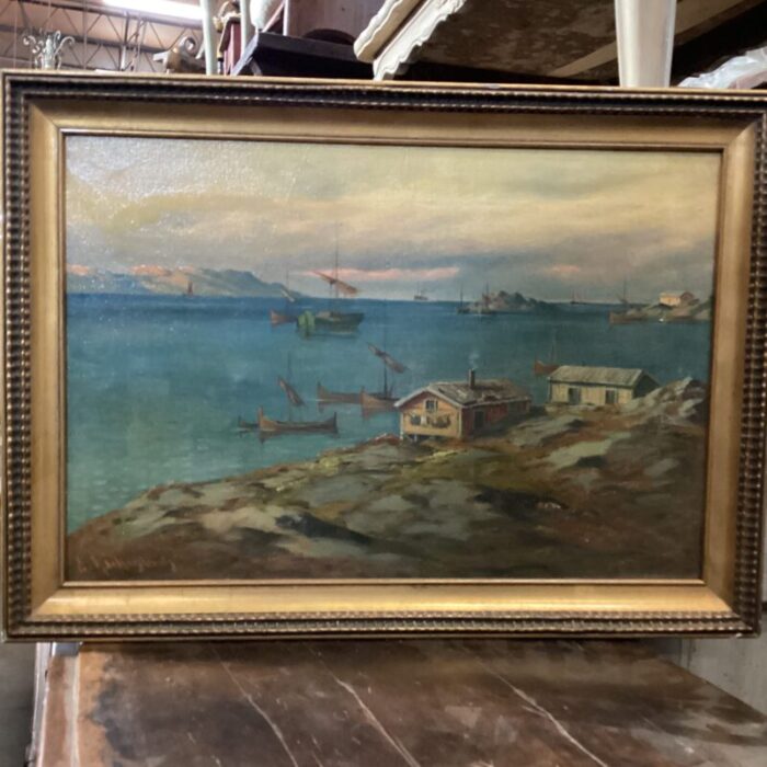 early 20th century swedish small harbor painting framed 1448