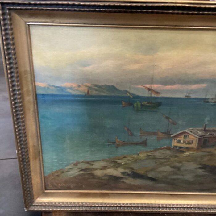 early 20th century swedish small harbor painting framed 6339