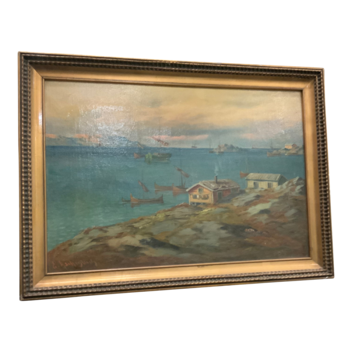 early 20th century swedish small harbor painting framed 7088