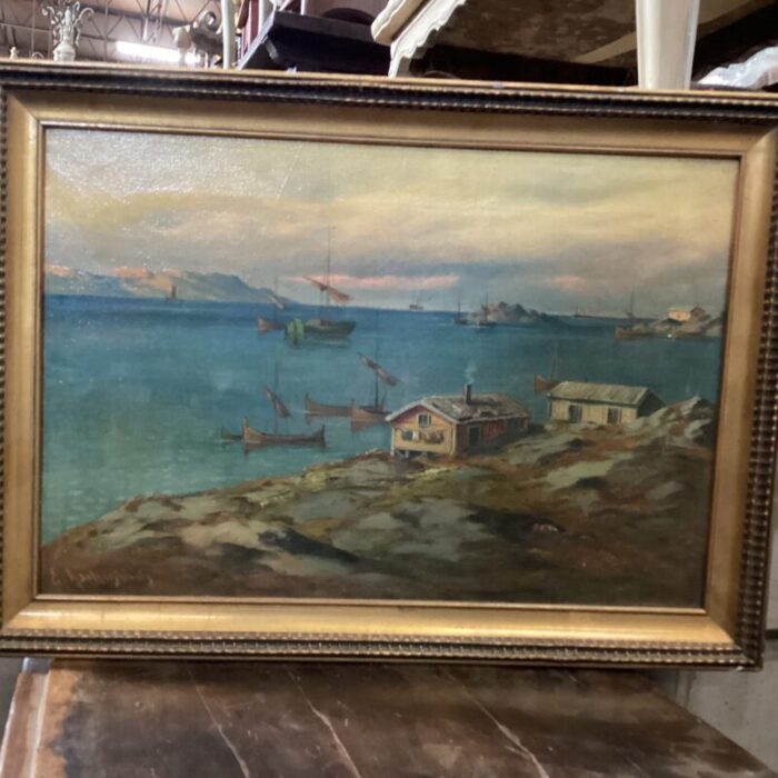 early 20th century swedish small harbor painting framed 7480