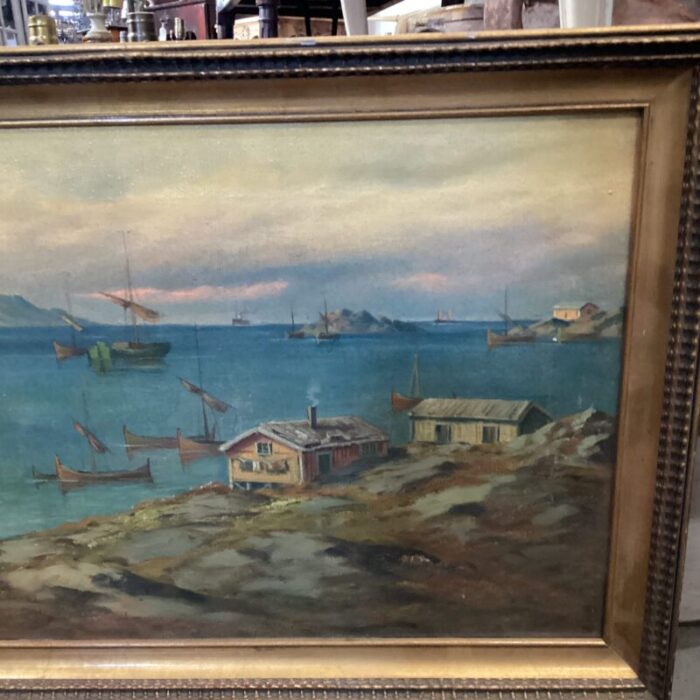 early 20th century swedish small harbor painting framed 8612