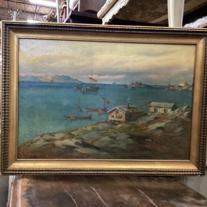 early 20th century swedish small harbor painting framed 9101