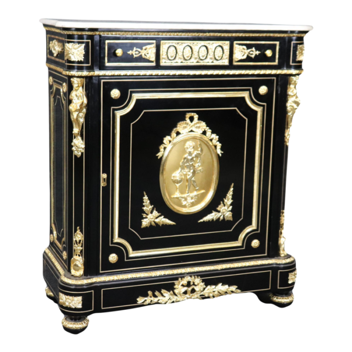 ebonized figural brass marble top napoleonic side cabinet commode 7177