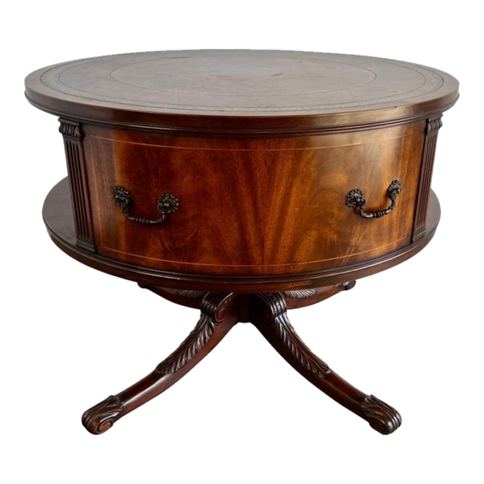 english leather top drum table c 1930s 0302