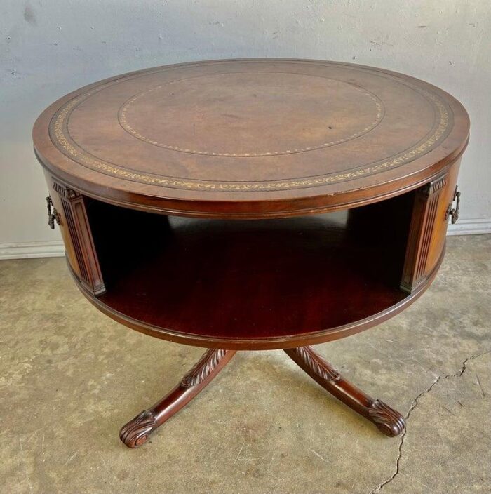 english leather top drum table c 1930s 5120