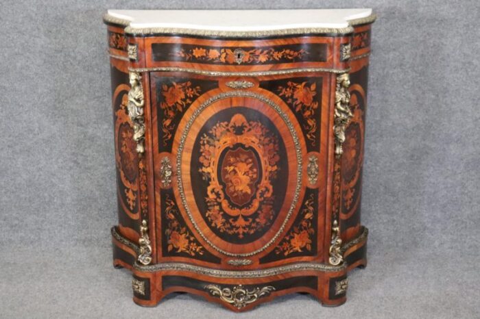 figural bronze mounted marble top napoleonic inlaid cabinet commode 0886