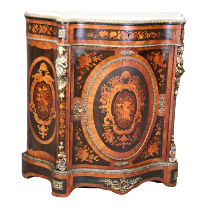 figural bronze mounted marble top napoleonic inlaid cabinet commode 4753