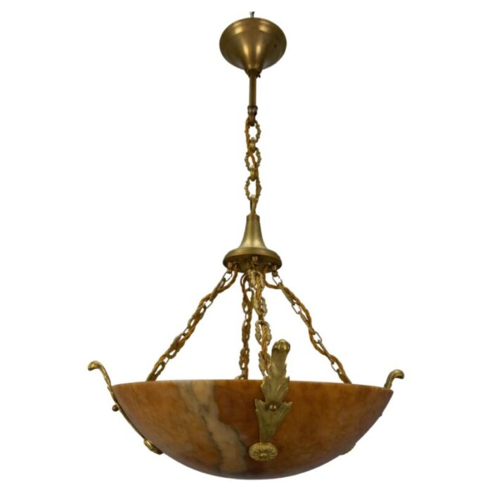 french art deco amber color alabaster and bronze pendant light 1920 1