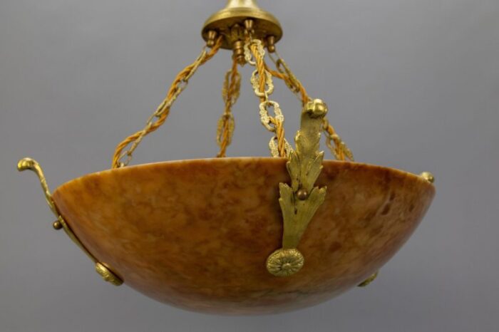 french art deco amber color alabaster and bronze pendant light 1920 13