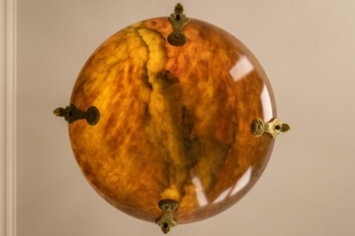 french art deco amber color alabaster and bronze pendant light 1920 7