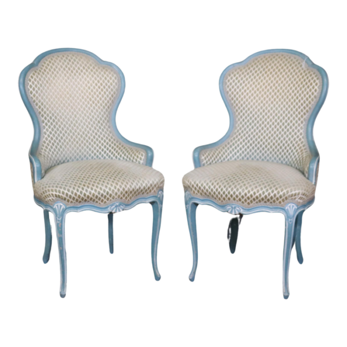 french blue and white painted louis xv parlor boudoir chairs a pair 7120