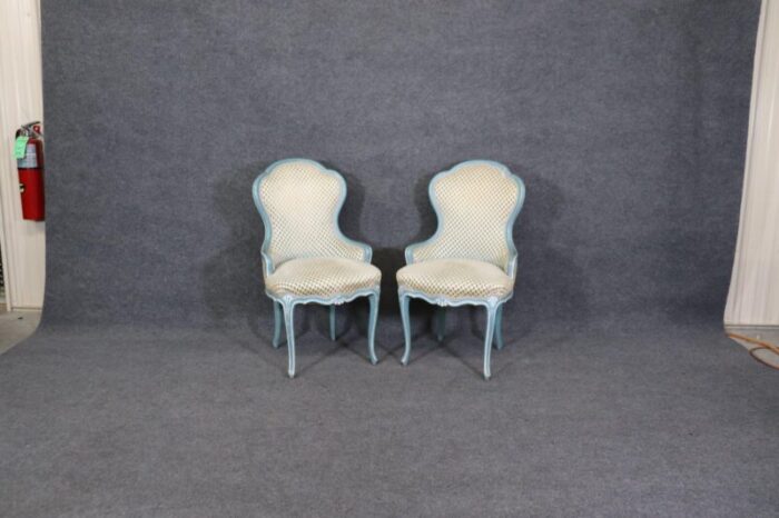 french blue and white painted louis xv parlor boudoir chairs a pair 9913