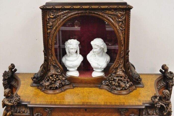 french renaissance louis xv style figural carved walnut curio display buffet 4159