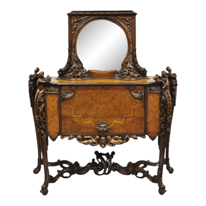 french renaissance louis xv style figural carved walnut curio display buffet 9411