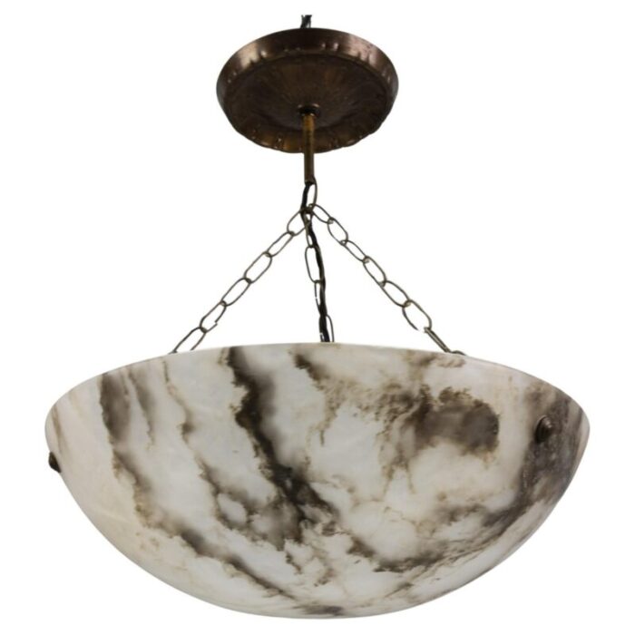 french smoky white alabaster pendant light with dark veins 1920s 1