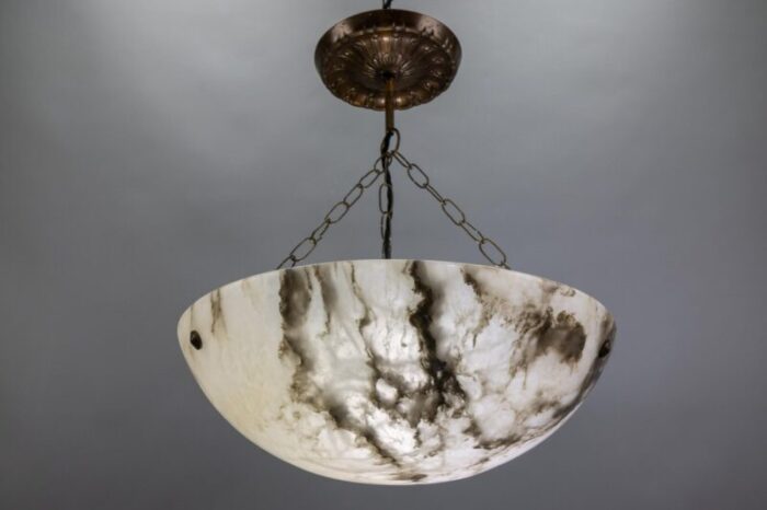 french smoky white alabaster pendant light with dark veins 1920s 2