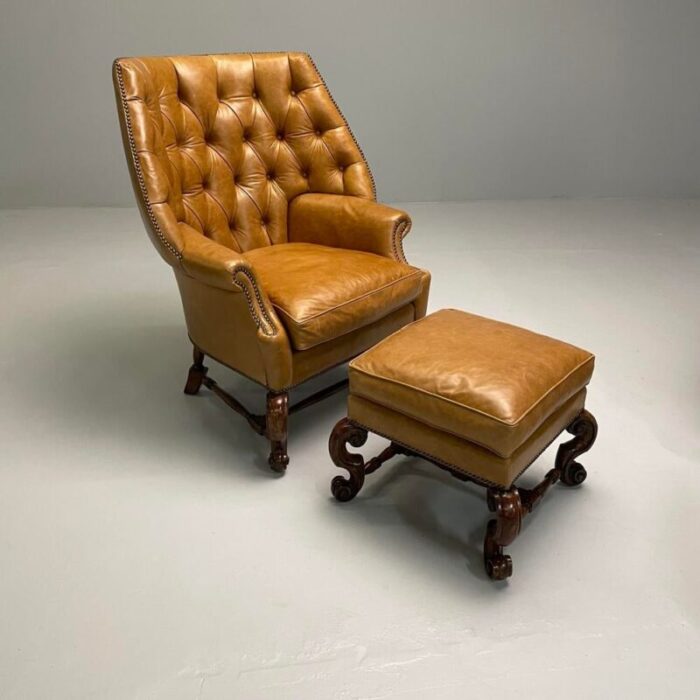 georgian large tufted lounge chairs and ottomans tan leather usa 2000s 0458