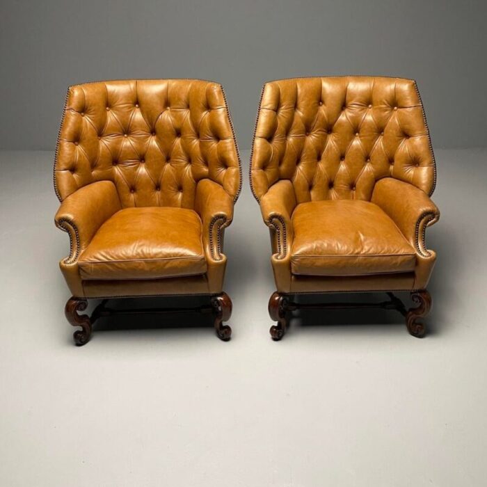 georgian large tufted lounge chairs and ottomans tan leather usa 2000s 0803