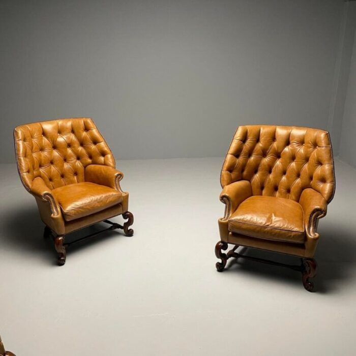 georgian large tufted lounge chairs and ottomans tan leather usa 2000s 5184