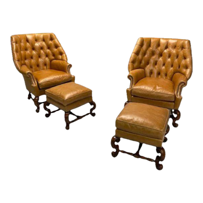 georgian large tufted lounge chairs and ottomans tan leather usa 2000s 5243