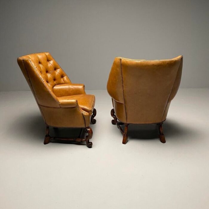 georgian large tufted lounge chairs and ottomans tan leather usa 2000s 5248