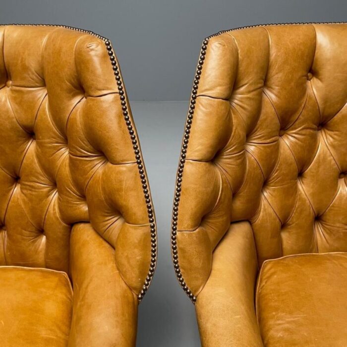 georgian large tufted lounge chairs and ottomans tan leather usa 2000s 6916