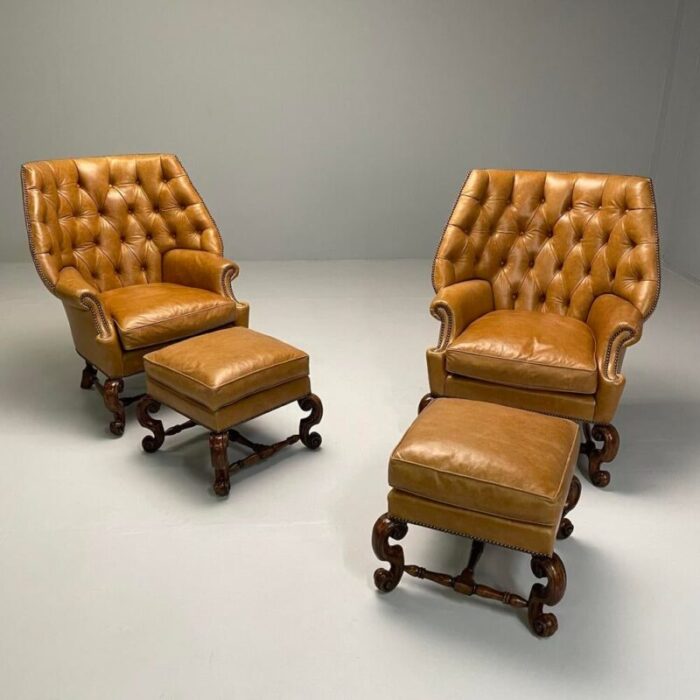 georgian large tufted lounge chairs and ottomans tan leather usa 2000s 8085