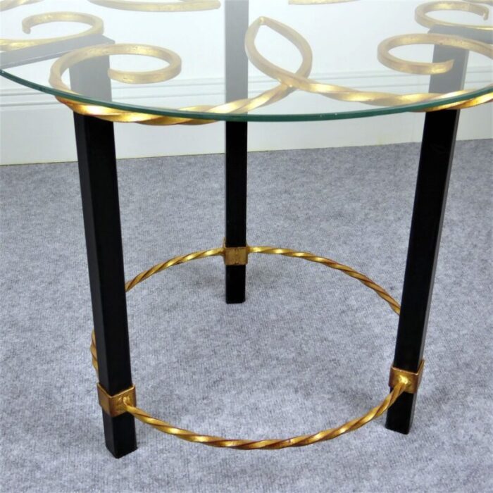 gilded black lacquered metal gueridon with glass top 1950s 7