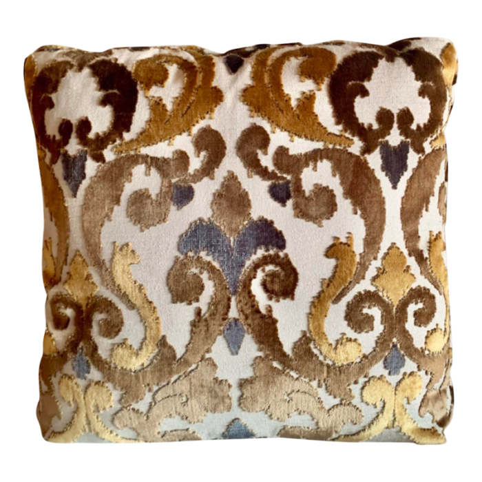 gold and tan thick and heavy square cutout upholstery woven vintage pillow 1106